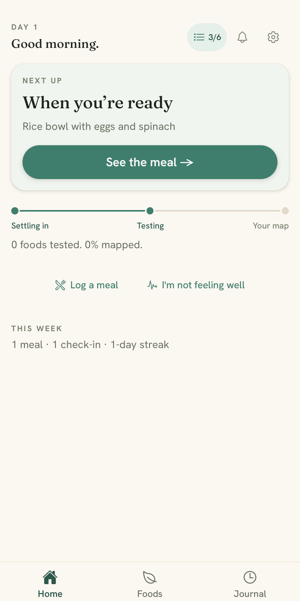 GutFix home screen showing a suggested meal and progress tracker